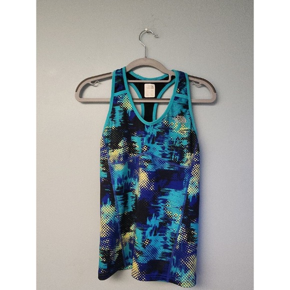The North‎ Face Womens Athletic Tank Top Blue Print Racerback Shelf Bra Small S - Picture 1 of 3